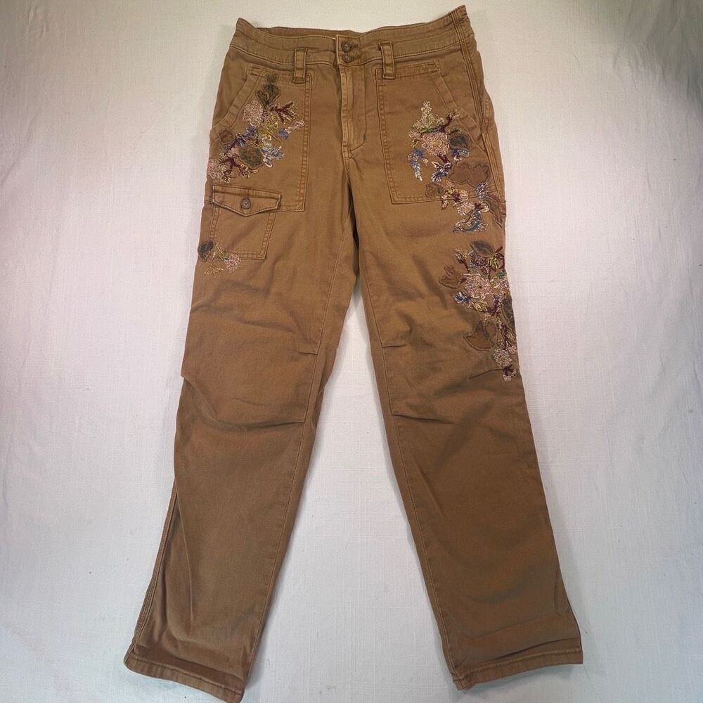 Anthropology Brown The Wanderer Embroidered Floral Cargo Pants Size 27